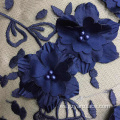 Encaje bordado de flores azules 3D para vestido de noche